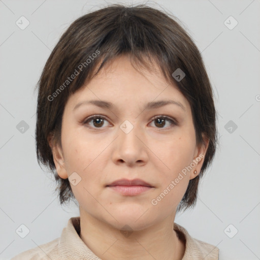 Neutral white young-adult female with medium  brown hair and brown eyes