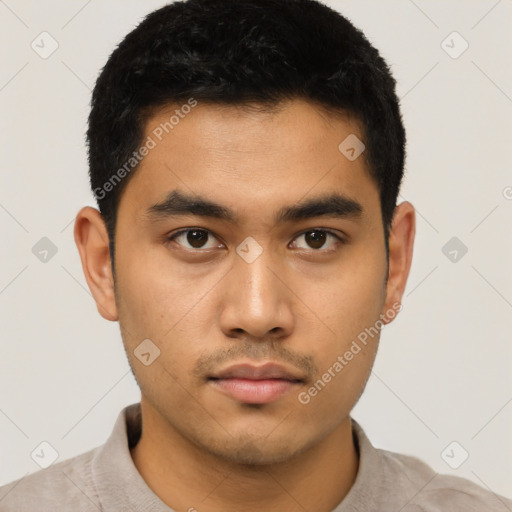 Neutral asian young-adult male with short  black hair and brown eyes