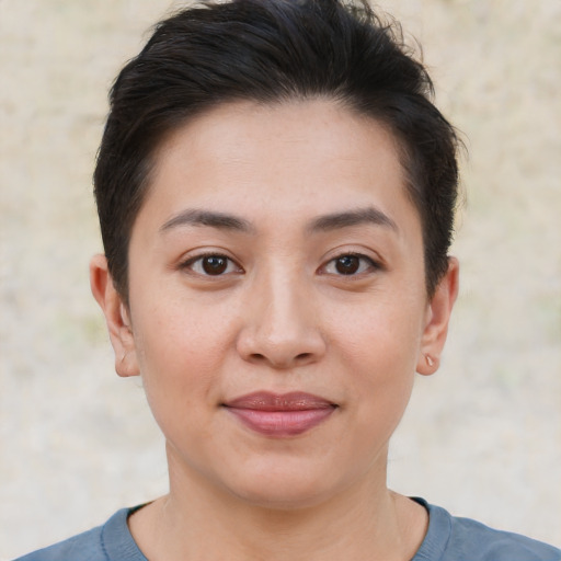 Joyful asian young-adult female with short  brown hair and brown eyes