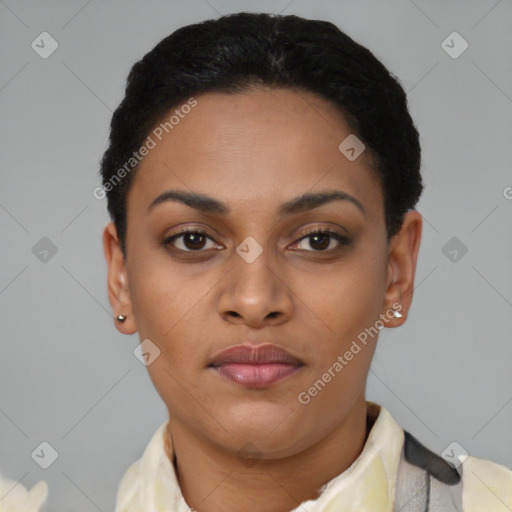 Neutral black young-adult female with short  black hair and brown eyes