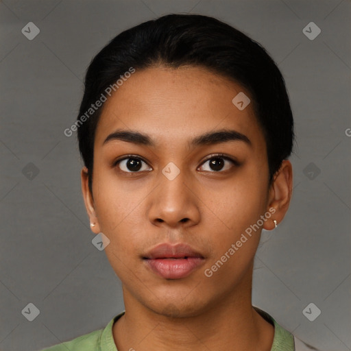 Neutral latino young-adult female with short  black hair and brown eyes