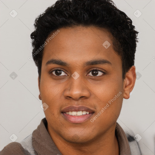 Joyful black young-adult male with short  brown hair and brown eyes