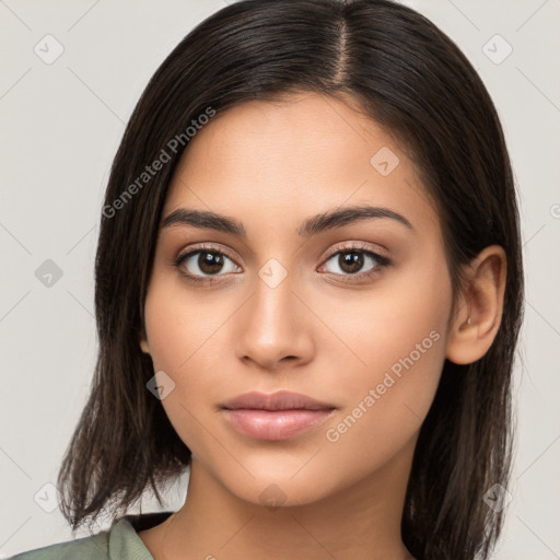 Neutral white young-adult female with long  brown hair and brown eyes