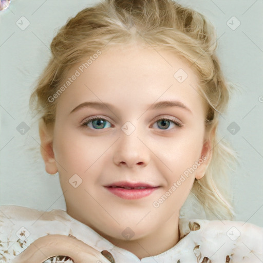 Joyful white child female with medium  brown hair and blue eyes