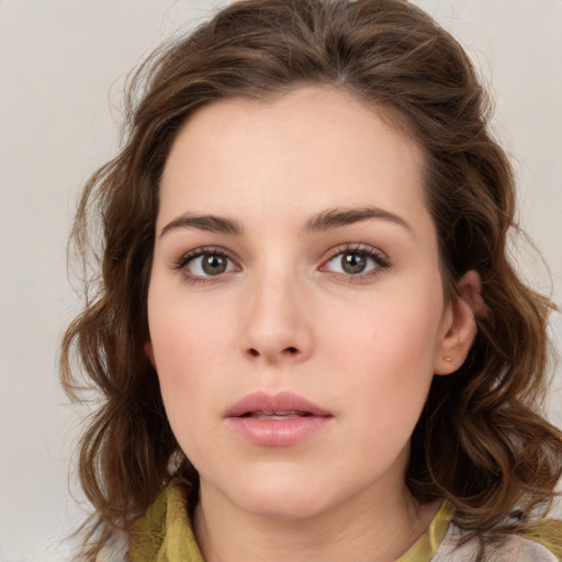 Neutral white young-adult female with medium  brown hair and brown eyes