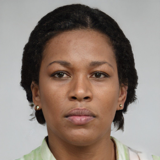Neutral black young-adult female with short  brown hair and brown eyes