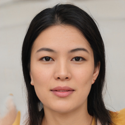 Neutral asian young-adult female with long  black hair and brown eyes