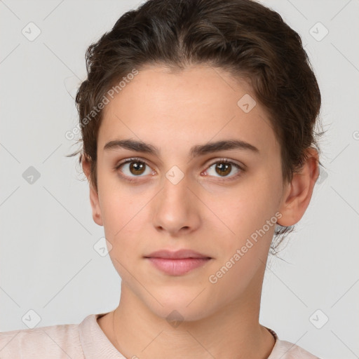 Neutral white young-adult female with short  brown hair and brown eyes