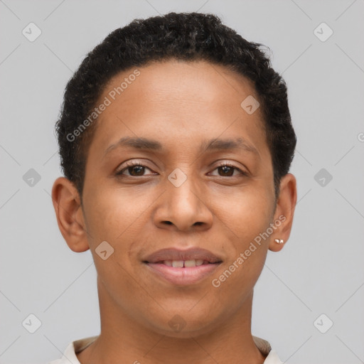 Joyful latino young-adult male with short  brown hair and brown eyes