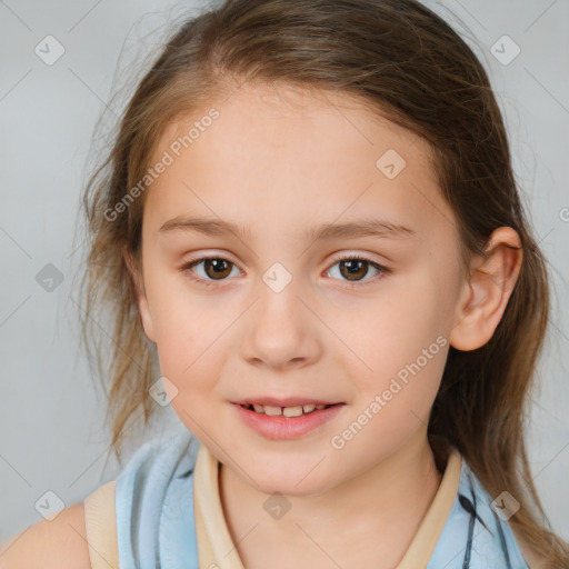 Joyful white child female with medium  brown hair and brown eyes