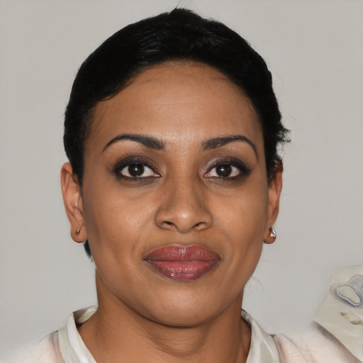 Joyful latino young-adult female with short  black hair and brown eyes
