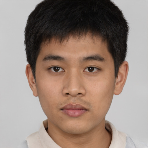 Neutral asian young-adult male with short  brown hair and brown eyes