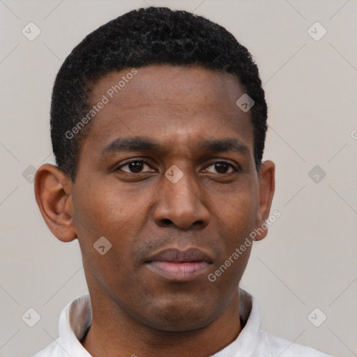 Neutral black young-adult male with short  black hair and brown eyes