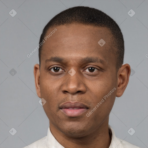 Neutral latino young-adult male with short  brown hair and brown eyes