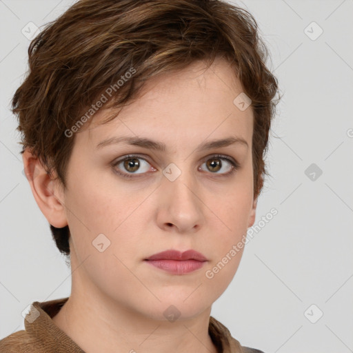 Neutral white young-adult female with short  brown hair and brown eyes