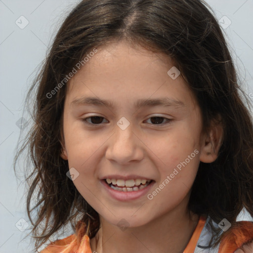 Joyful white child female with medium  brown hair and brown eyes