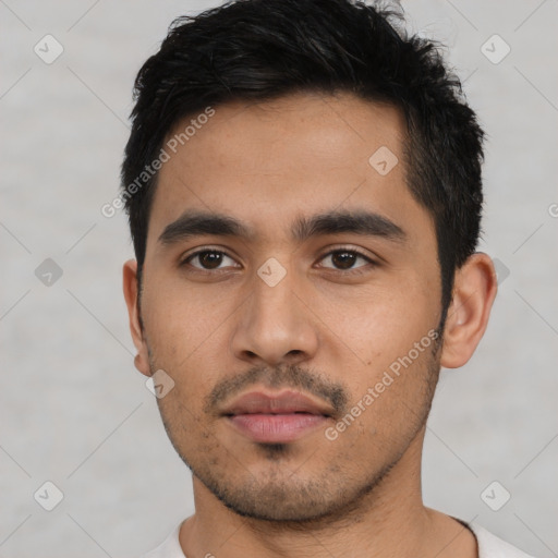 Neutral asian young-adult male with short  black hair and brown eyes