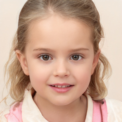 Joyful white child female with medium  brown hair and grey eyes