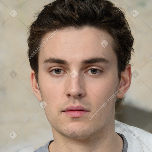 Neutral white young-adult male with short  brown hair and grey eyes