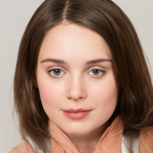 Neutral white young-adult female with medium  brown hair and brown eyes