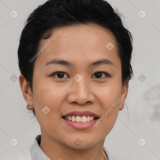 Joyful asian young-adult female with short  brown hair and brown eyes