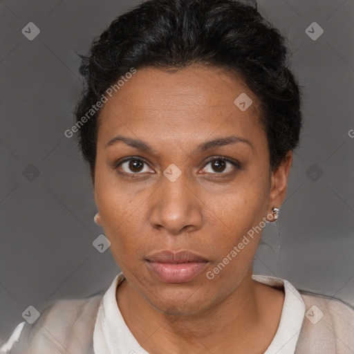 Neutral black adult female with short  brown hair and brown eyes