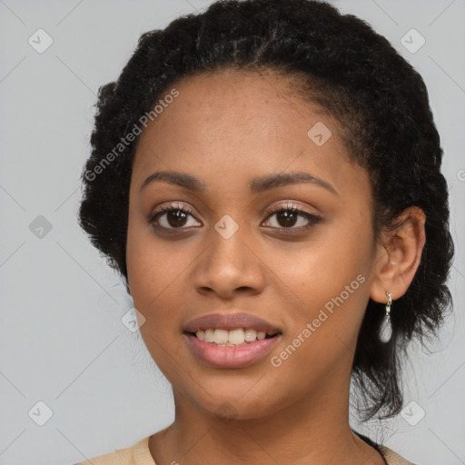 Joyful latino young-adult female with long  black hair and brown eyes