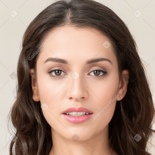 Neutral white young-adult female with long  brown hair and brown eyes