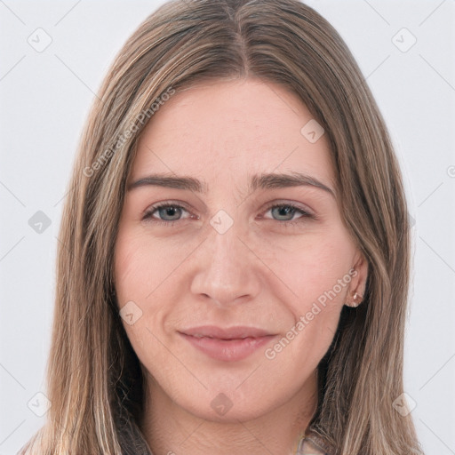 Joyful white young-adult female with long  brown hair and grey eyes