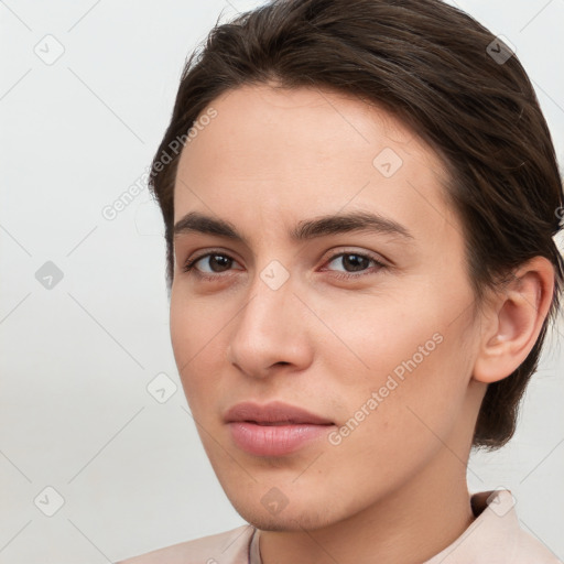 Neutral white young-adult female with short  brown hair and brown eyes