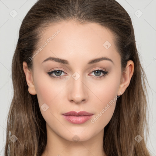 Neutral white young-adult female with long  brown hair and brown eyes