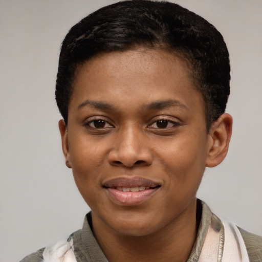 Joyful latino young-adult female with short  black hair and brown eyes