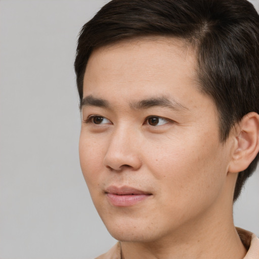 Neutral asian young-adult male with short  brown hair and brown eyes