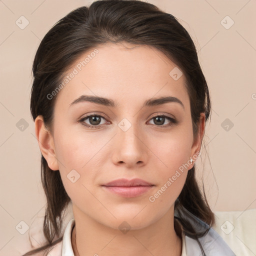 Neutral white young-adult female with medium  brown hair and brown eyes