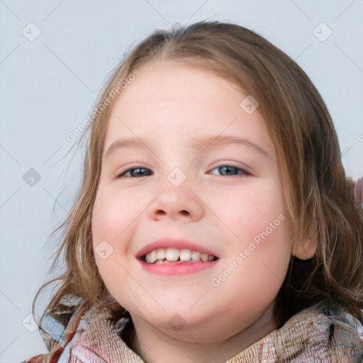 Joyful white child female with medium  brown hair and blue eyes