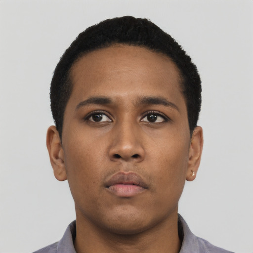 Neutral black young-adult male with short  black hair and brown eyes