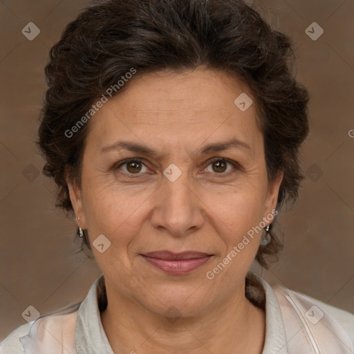 Joyful white adult female with short  brown hair and brown eyes