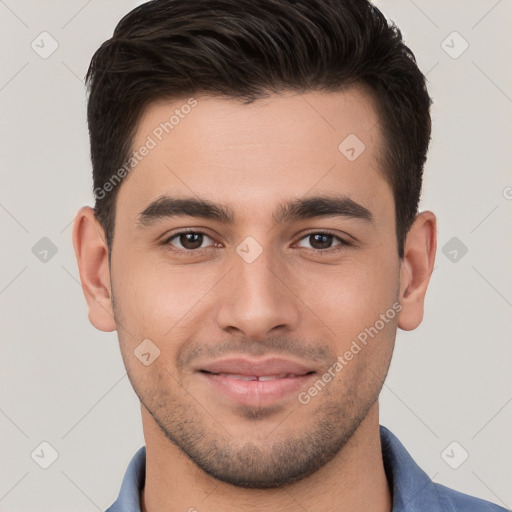 Joyful white young-adult male with short  brown hair and brown eyes