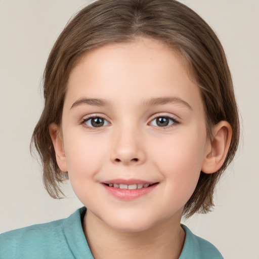 Joyful white child female with medium  brown hair and brown eyes