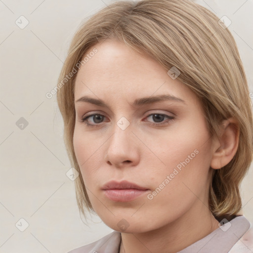 Neutral white young-adult female with medium  brown hair and grey eyes