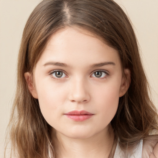 Neutral white child female with long  brown hair and brown eyes