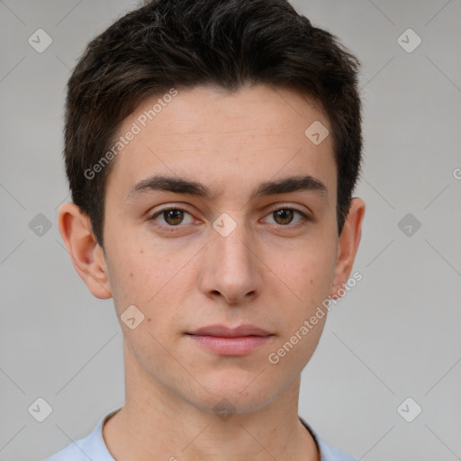 Neutral white young-adult male with short  brown hair and brown eyes