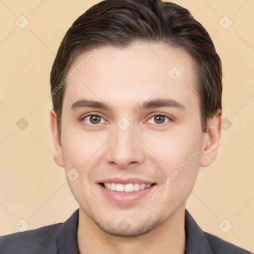 Joyful white young-adult male with short  brown hair and brown eyes