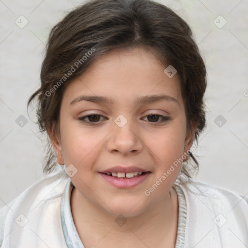 Joyful white child female with medium  brown hair and brown eyes