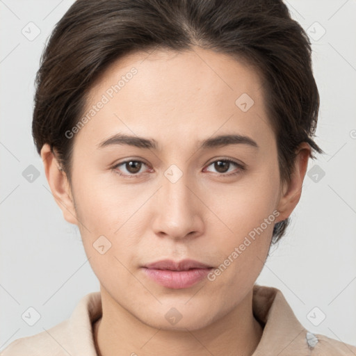 Neutral white young-adult female with short  brown hair and brown eyes