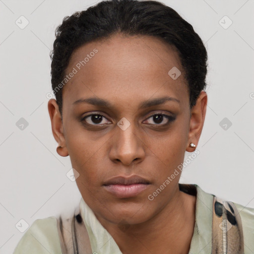 Neutral black young-adult female with short  black hair and brown eyes