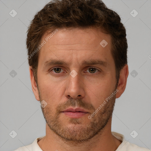 Neutral white adult male with short  brown hair and brown eyes