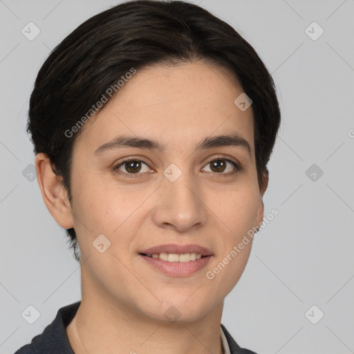 Joyful white young-adult female with short  brown hair and brown eyes