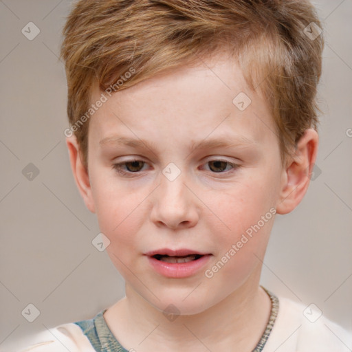 Joyful white child male with short  brown hair and brown eyes