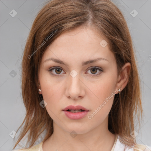 Neutral white young-adult female with medium  brown hair and brown eyes